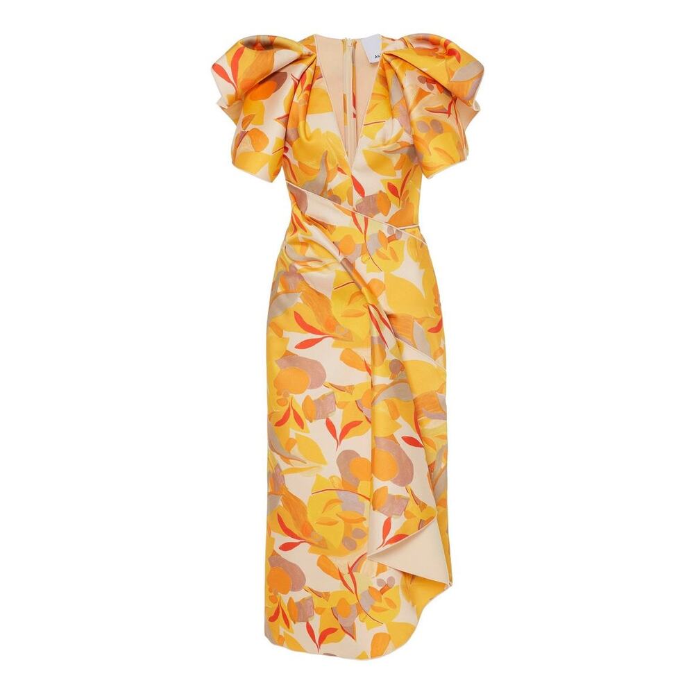 ACLER Orange Floral Ruffle Shoulder Draped Midi Dress 6
